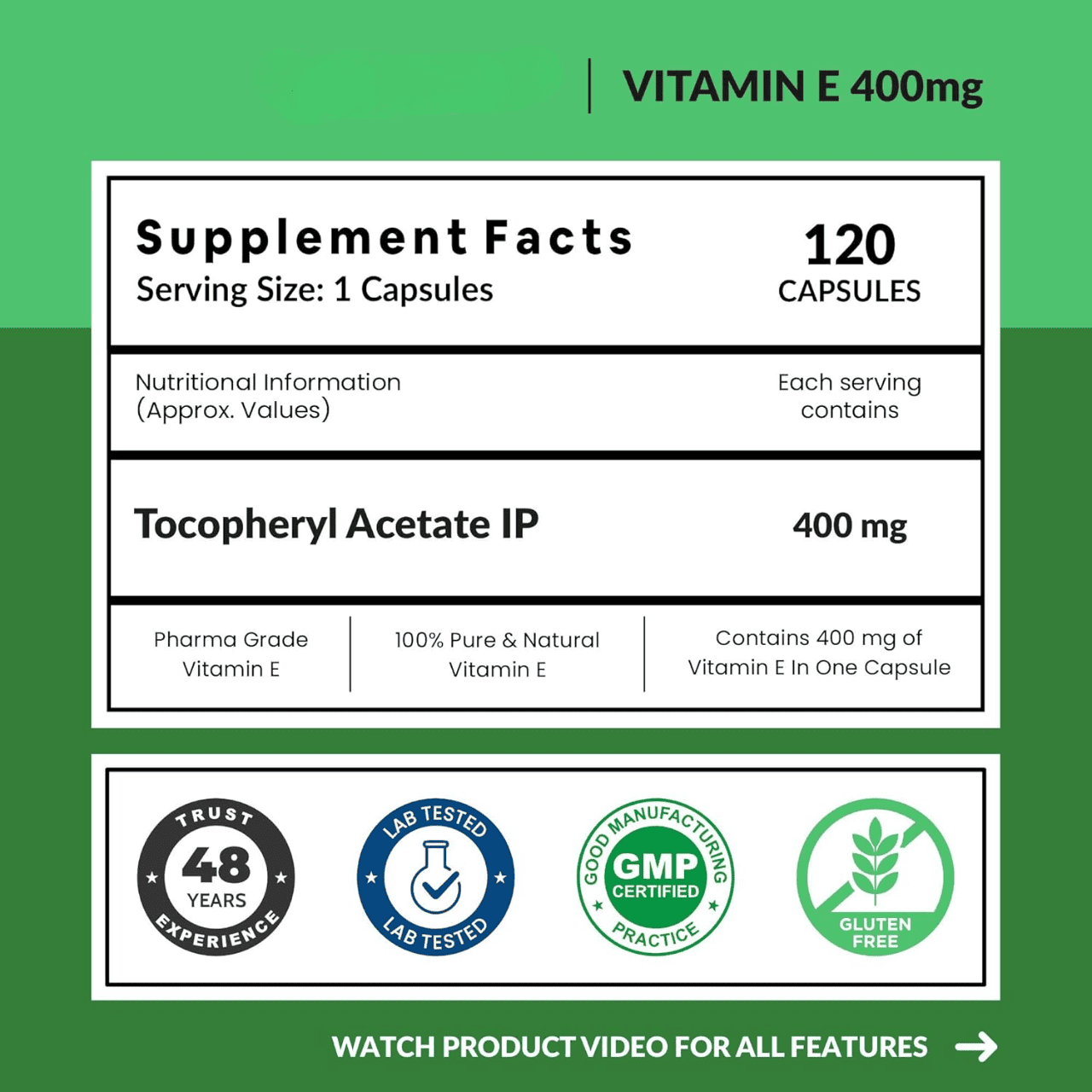 Vitamin E Capsules(400mg) for Face and Hair | 100% Natural Vitamin E Supplement with Vitamin E Oil | Paraben Free