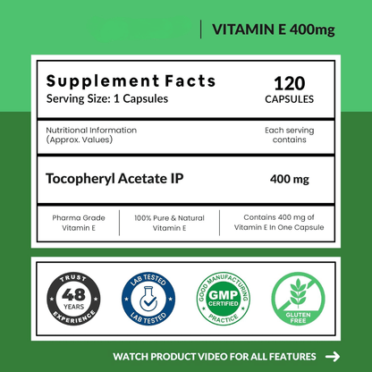 Vitamin E Capsules(400mg) for Face and Hair | 100% Natural Vitamin E Supplement with Vitamin E Oil | Paraben Free